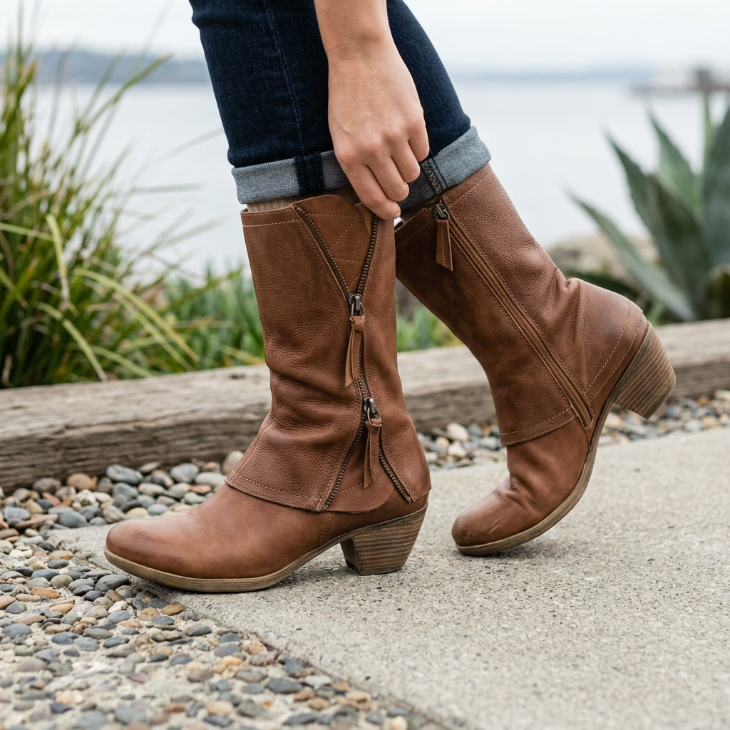 Women's mid-calf brown side-zip boots with rounded toe and block heel
