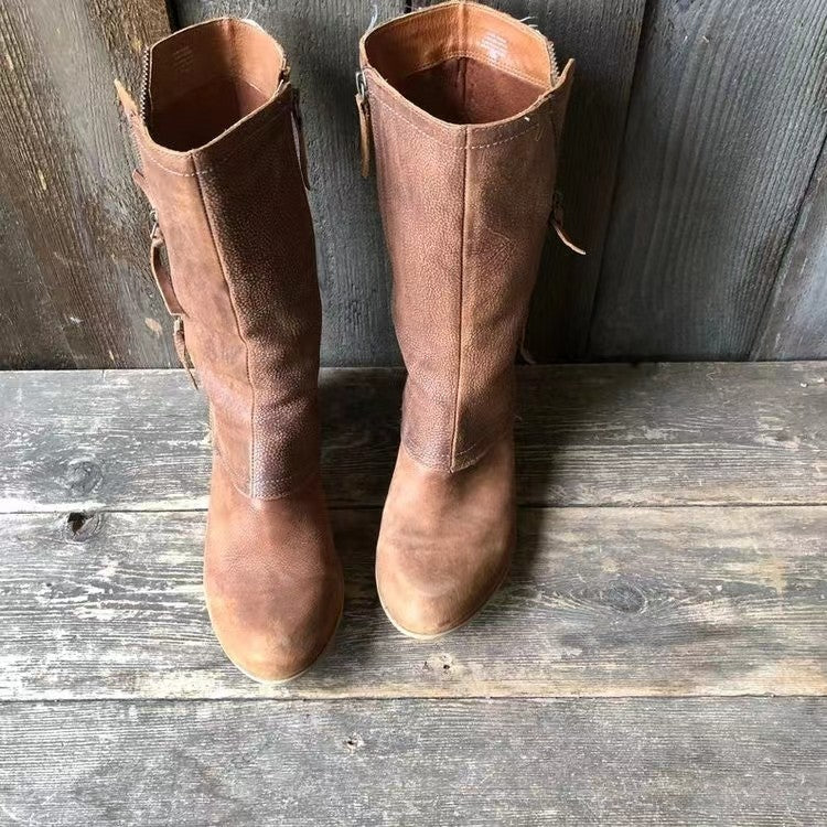 Pair of brown mid-calf side-zip boots, textured upper and low block heels