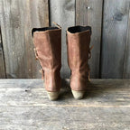 Back view of brown mid-calf side-zip boots with low stacked heels