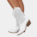 Women’s mid-calf boots in white with perforated shaft and block heel