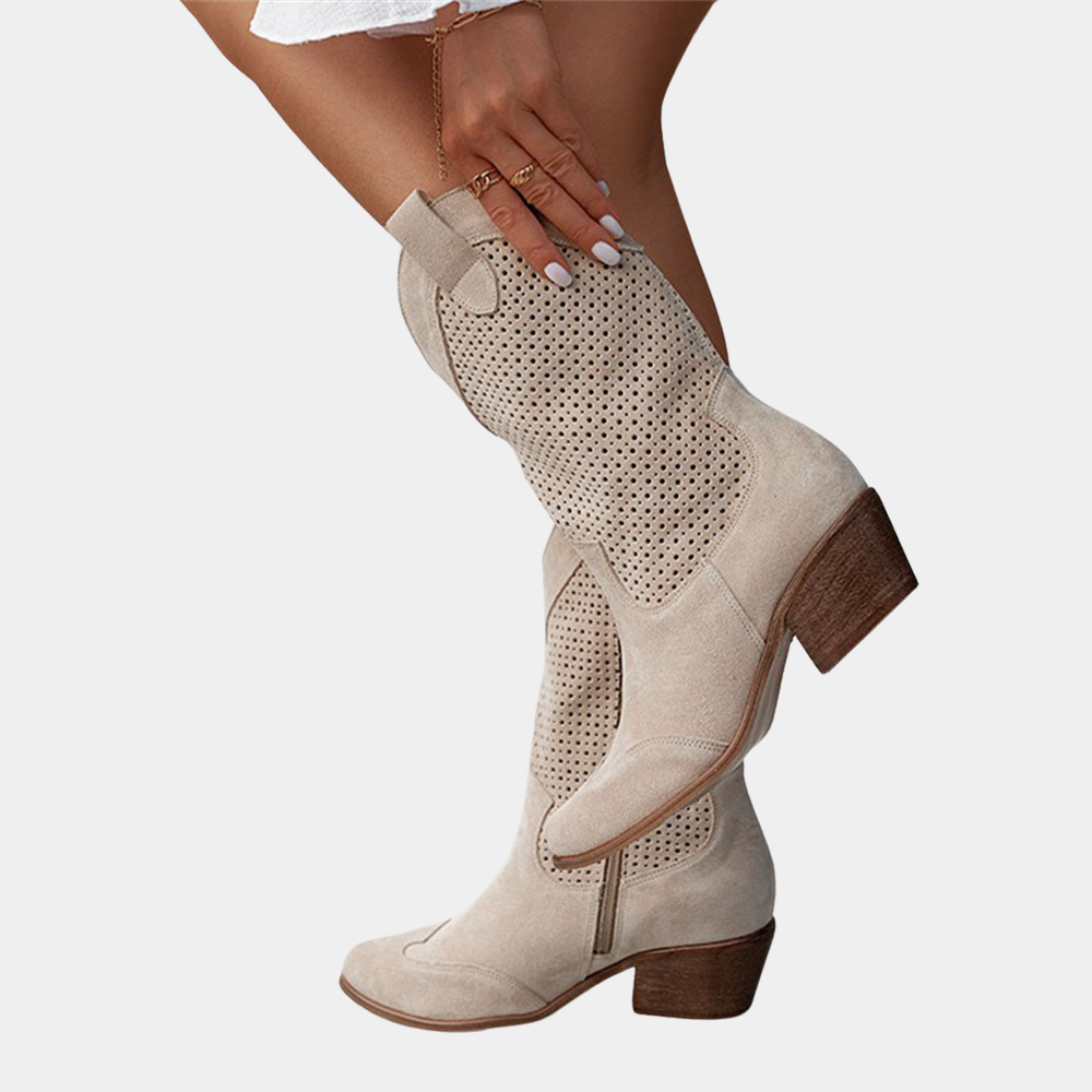 Women’s mid-calf taupe boots with perforated shaft panels and block heel