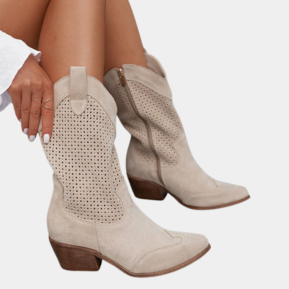 Women’s mid-calf light beige boots with perforated shaft and chunky block heel