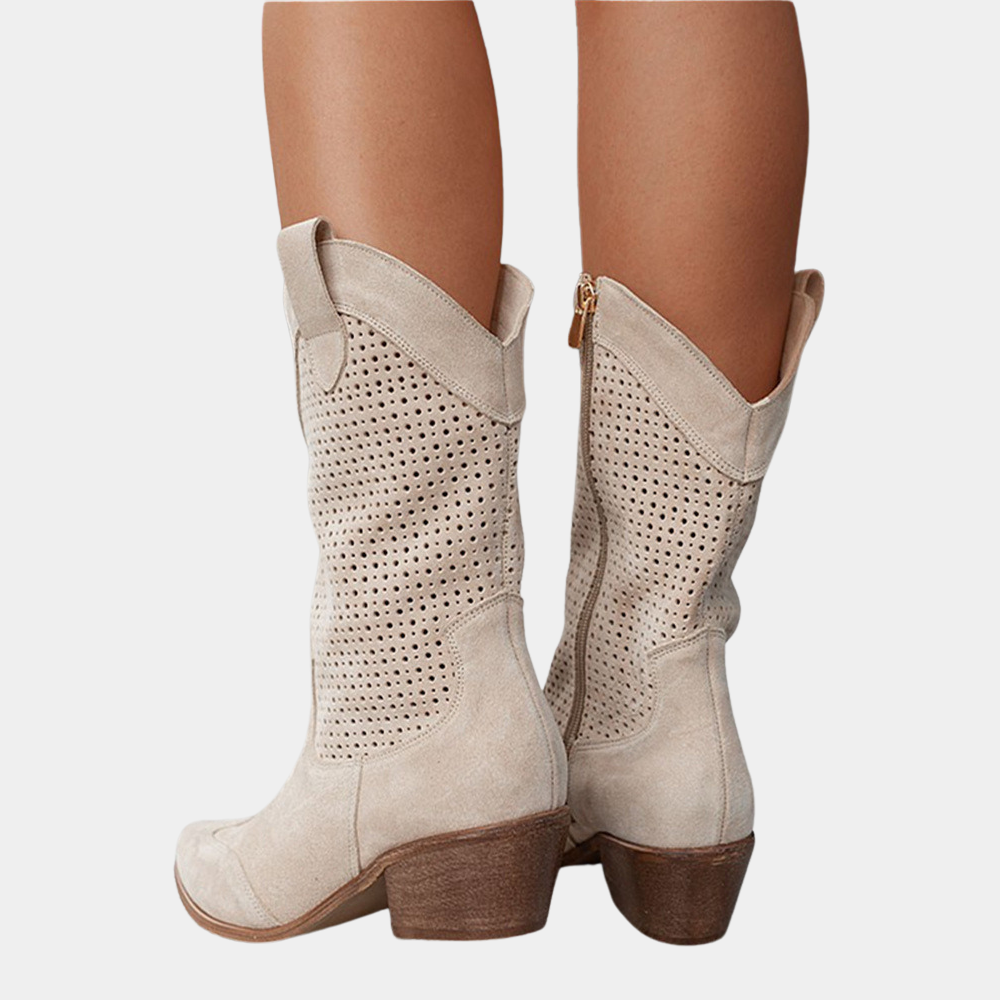 Women’s mid-calf beige boots with perforated shaft and mid-height block heel