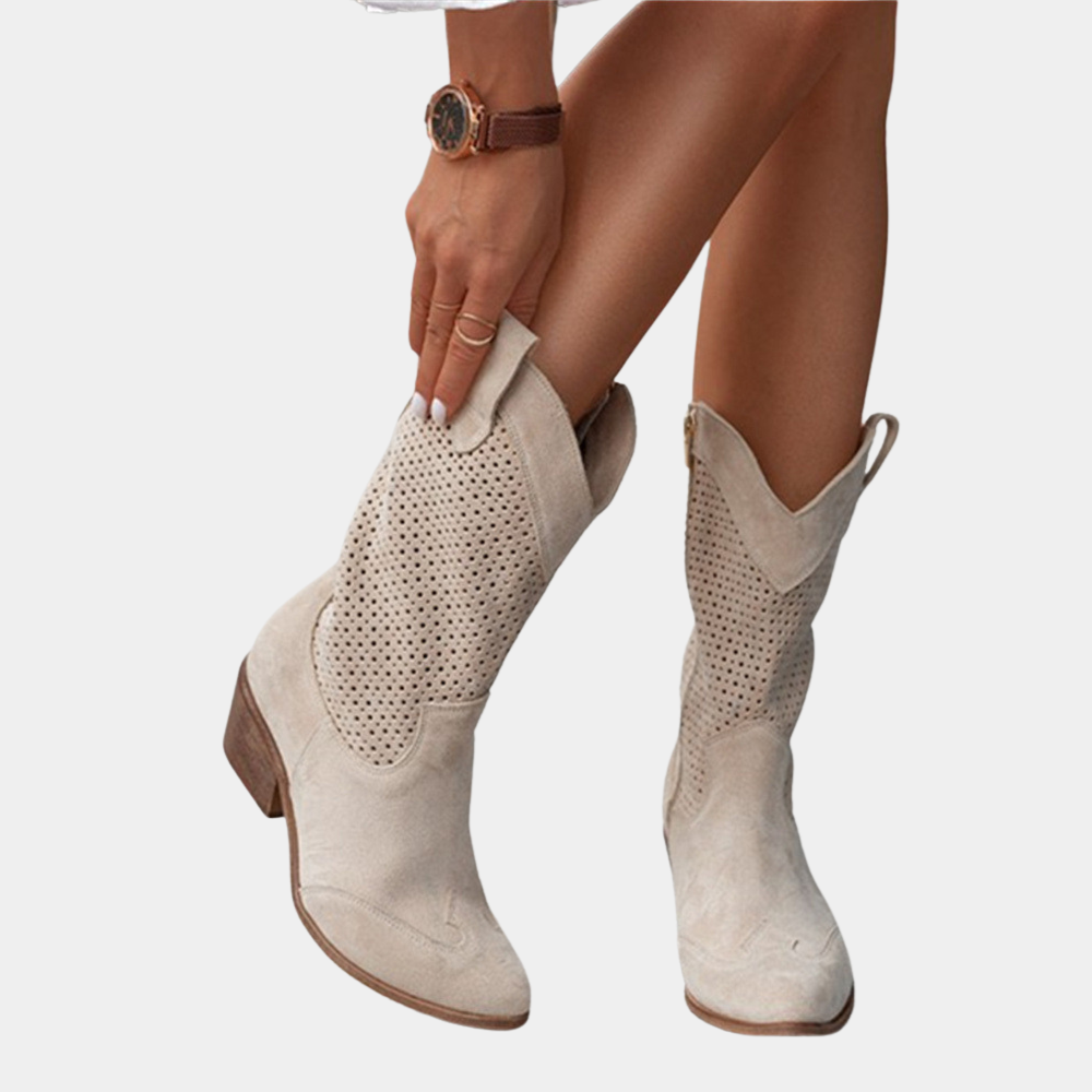 Women’s mid-calf beige boots with perforated shaft and square block heel