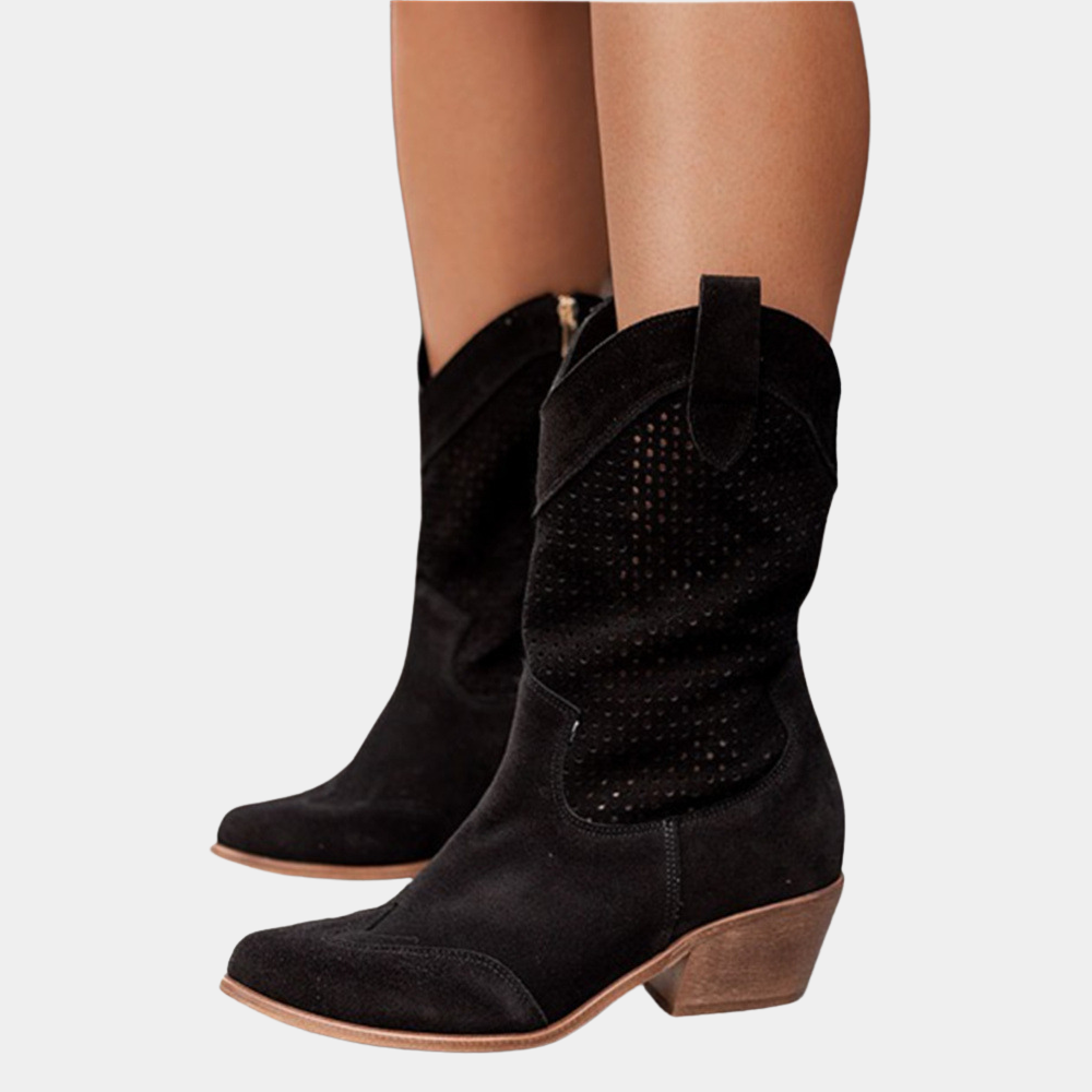 Women’s mid-calf black boots with perforated shaft and block heel
