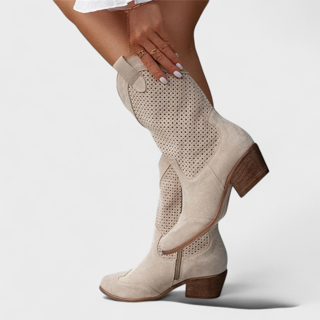 Beige mid-calf boots for women with perforated panels and block heel
