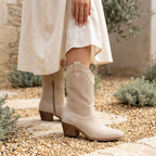 Beige mid-calf perforated boots, rounded toe, block heel, structured side panels.