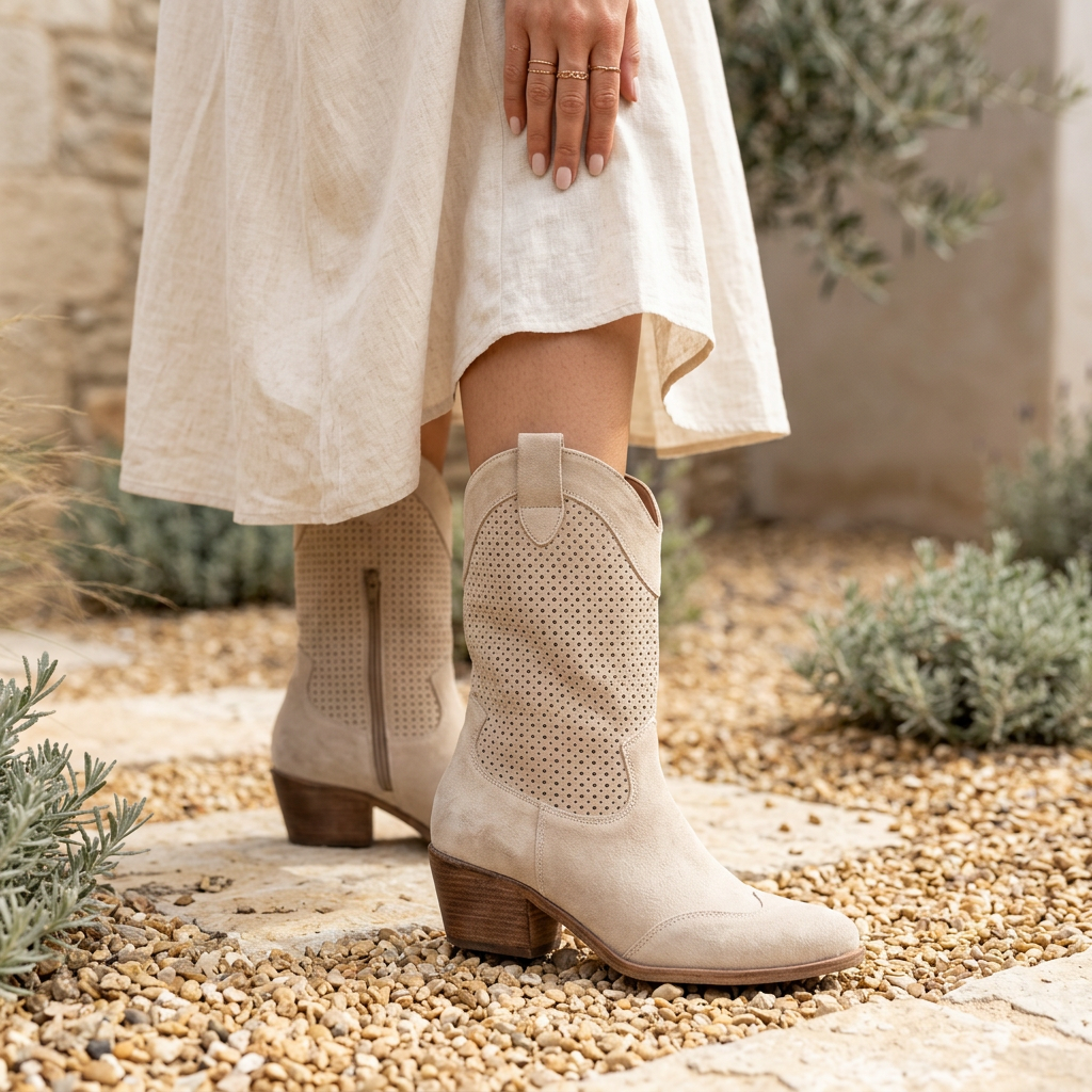 Beige mid-calf perforated boots, rounded toe, block heel, structured side panels.
