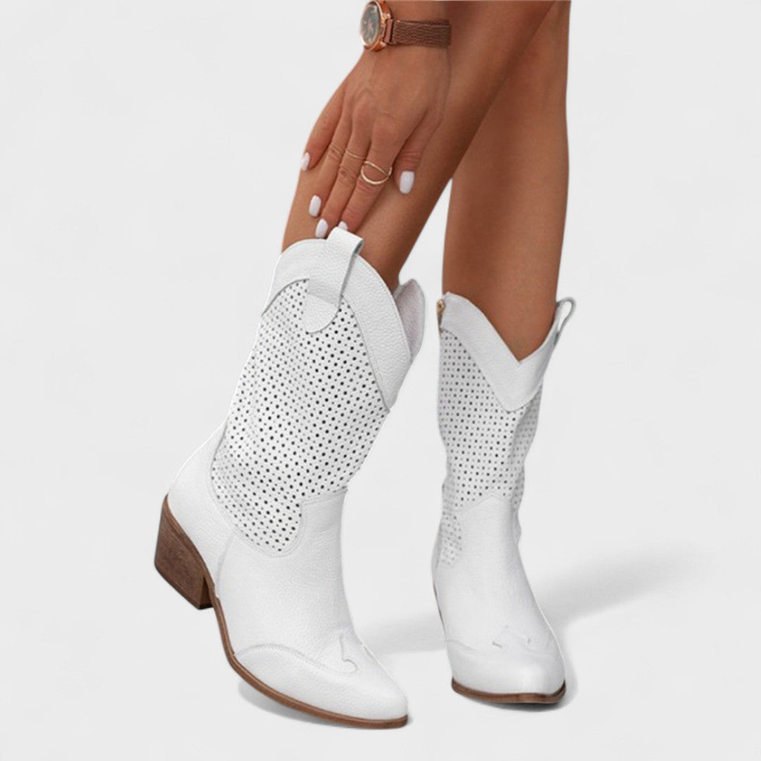 White mid-calf perforated boots for women with low block heel and cuff