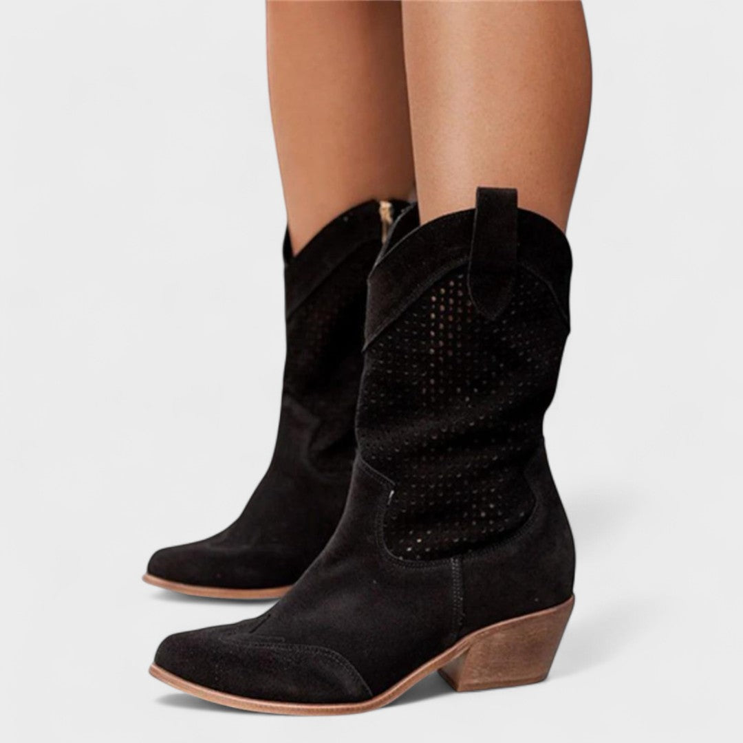 Black mid-calf pull-on boots with perforated detail and wood-look block heel