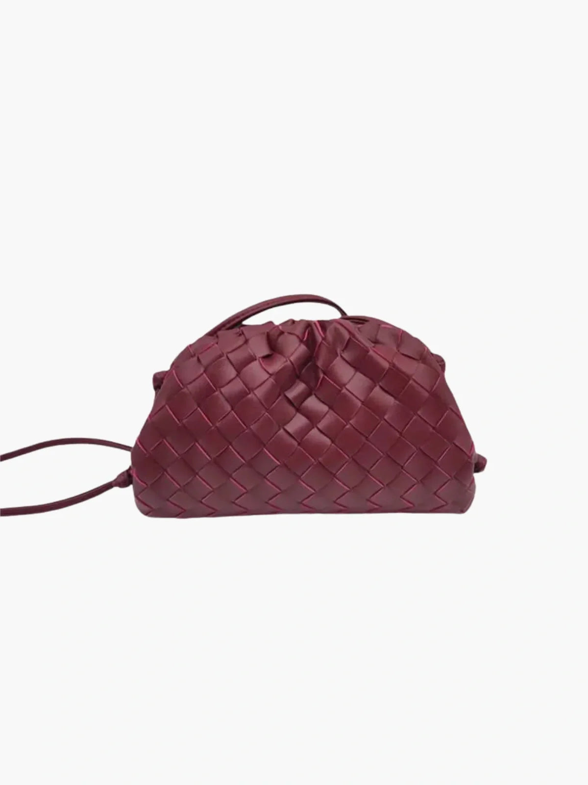 Burgundy braided drawstring bag with woven pattern and top tie cord