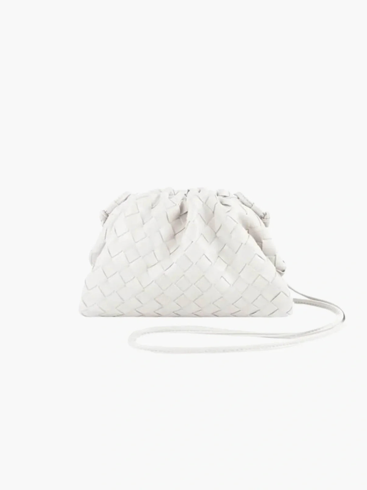 White braided drawstring bag with woven pattern and rope shoulder strap