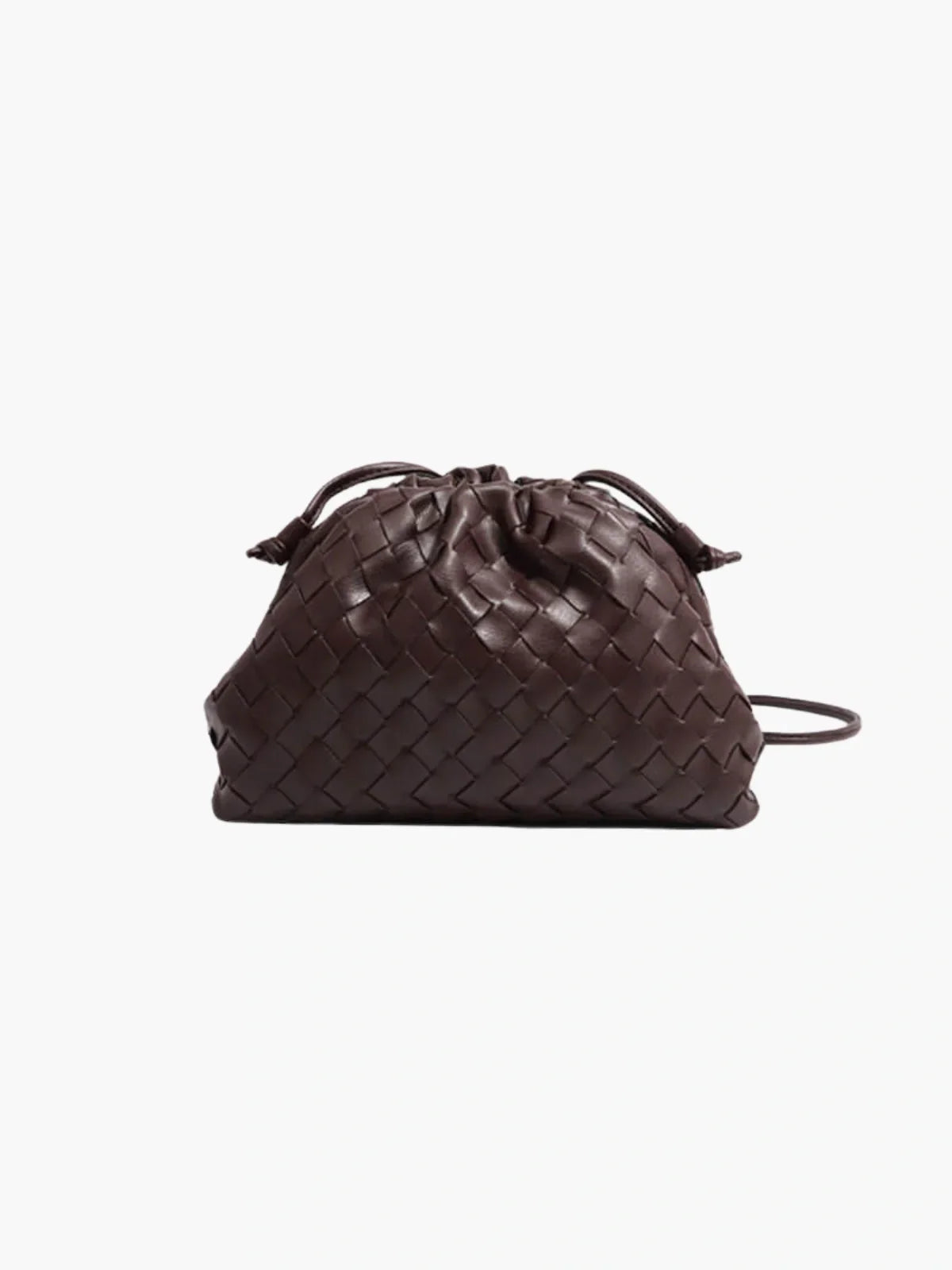 Brown braided drawstring bag with woven pattern and top tie cord