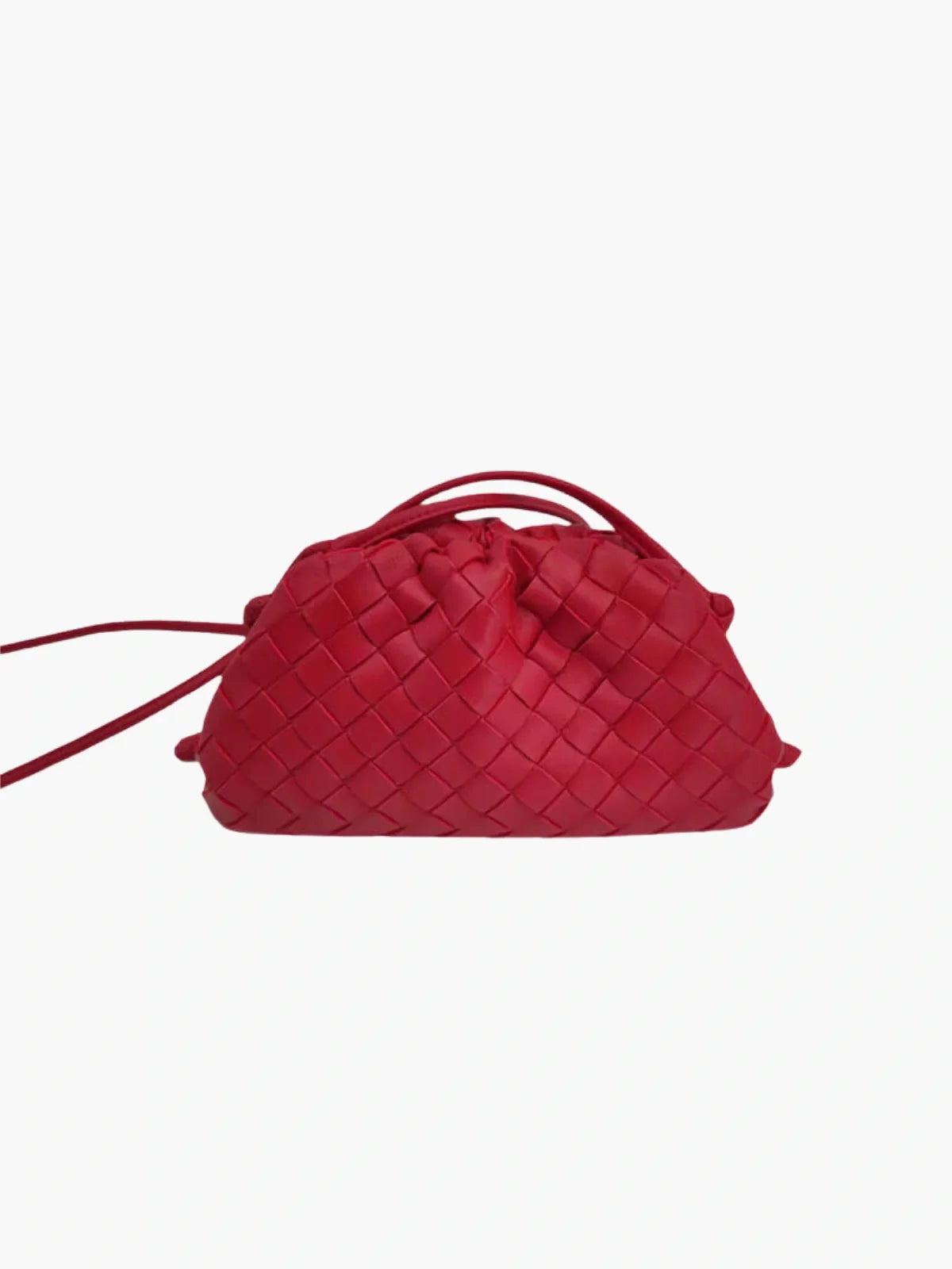 Red braided drawstring bag with woven pattern and top tie cord
