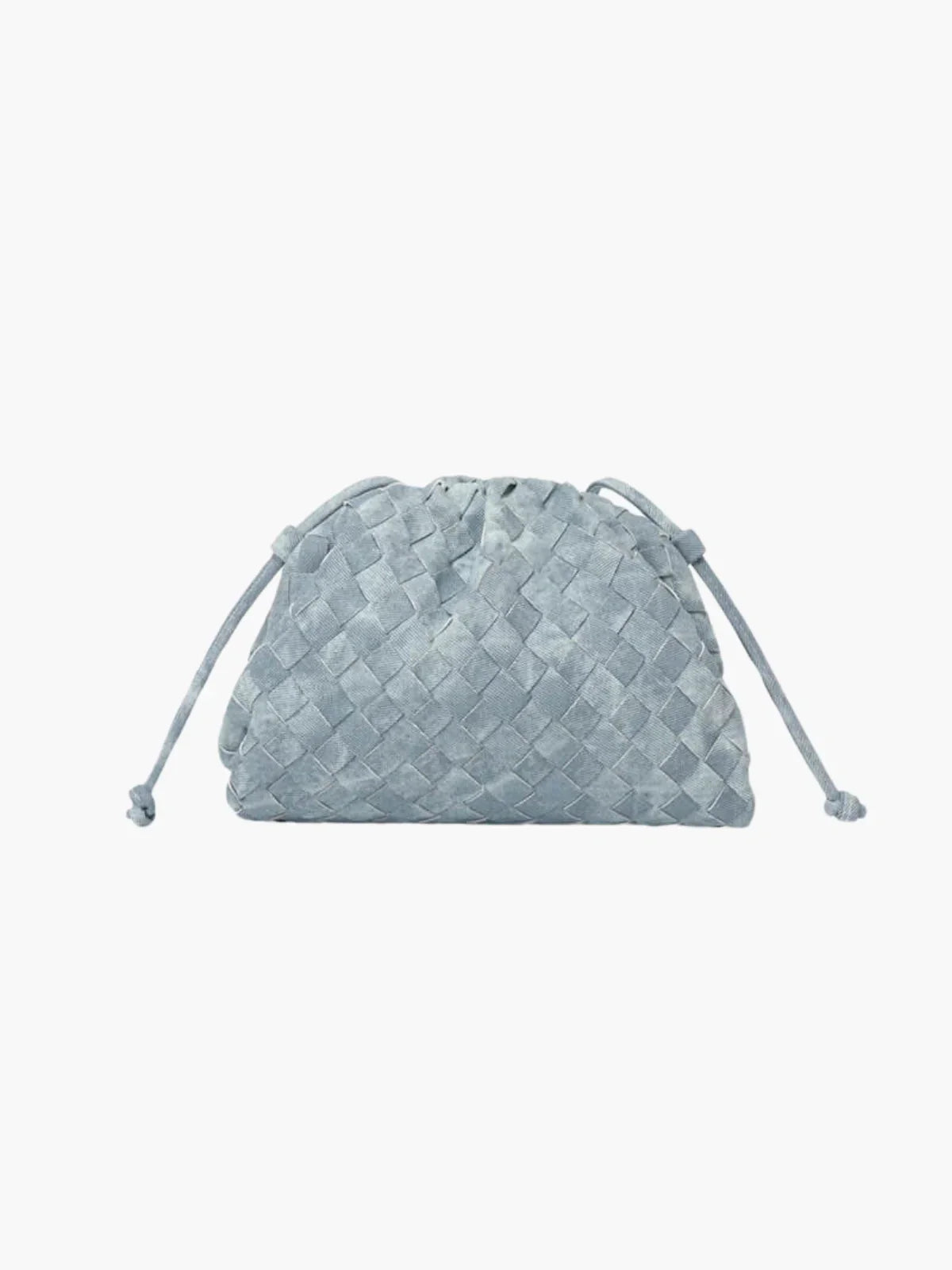Light blue braided drawstring bag with woven pattern and top tie cord