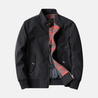 Black vintage casual jacket with stand collar, front zipper, and red plaid lining
