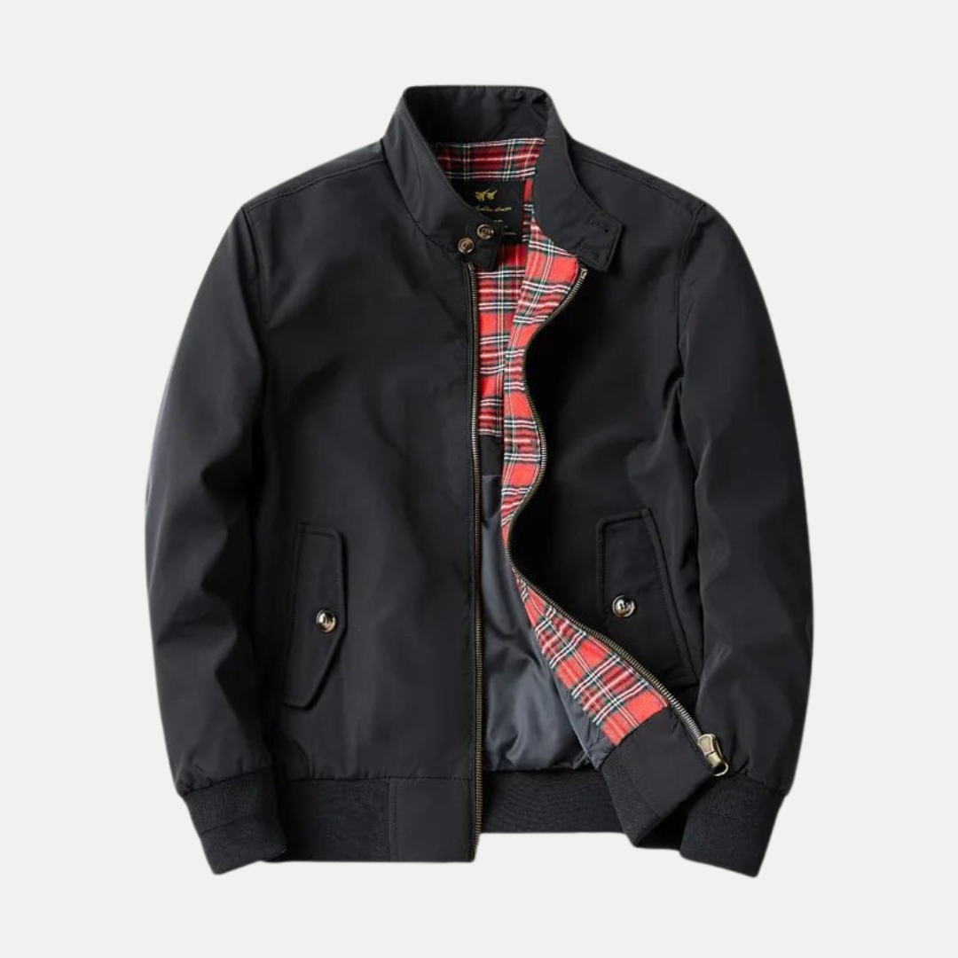 Black vintage casual jacket with stand collar, front zipper, and red plaid lining