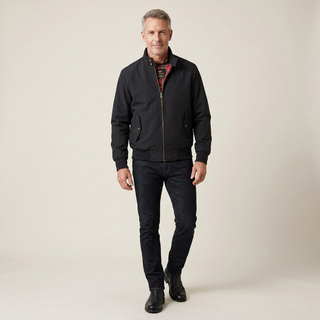 Men's vintage casual jacket, black stand-up collar with zip front and side pockets