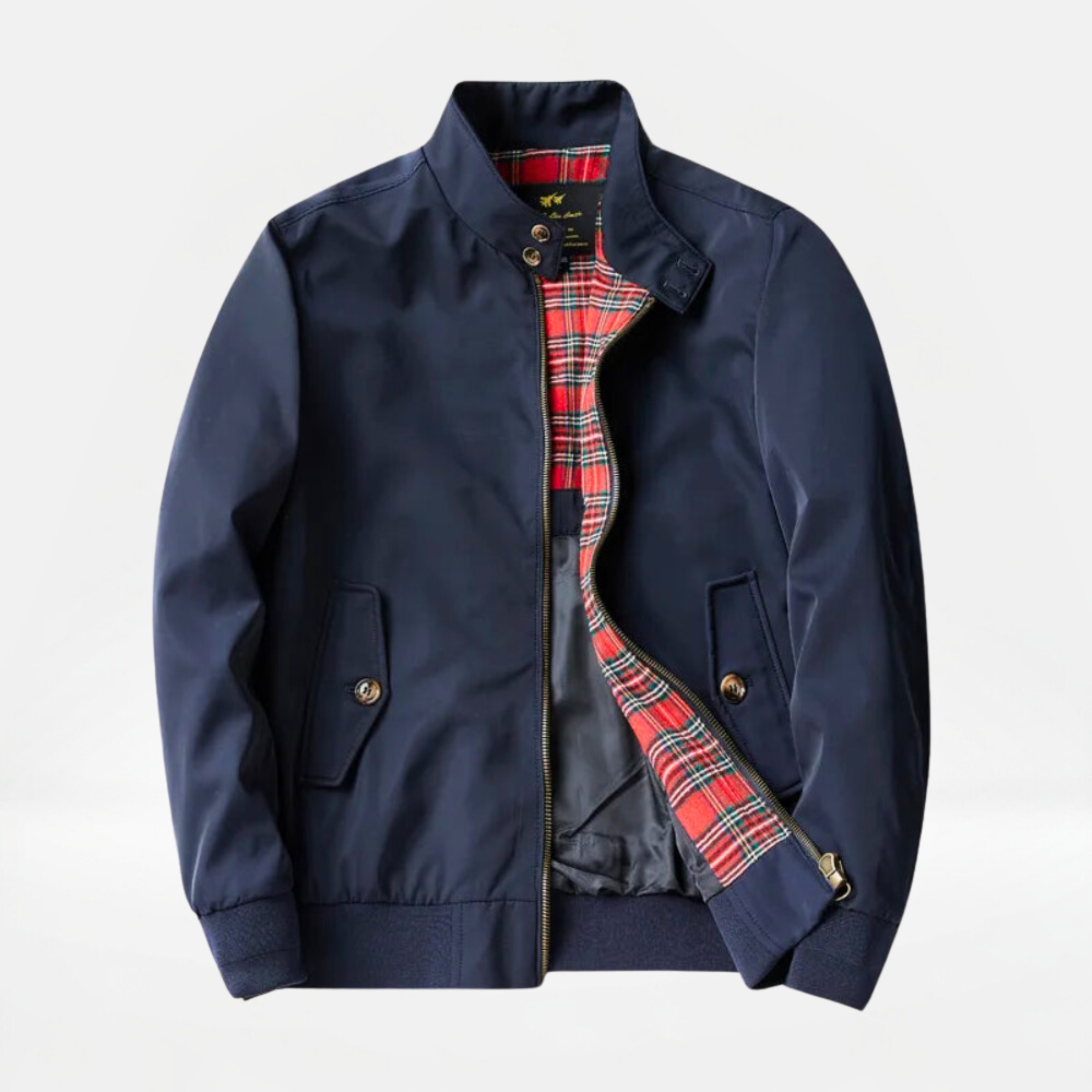 Dark blue vintage casual jacket with stand collar, front zipper, and red plaid lining