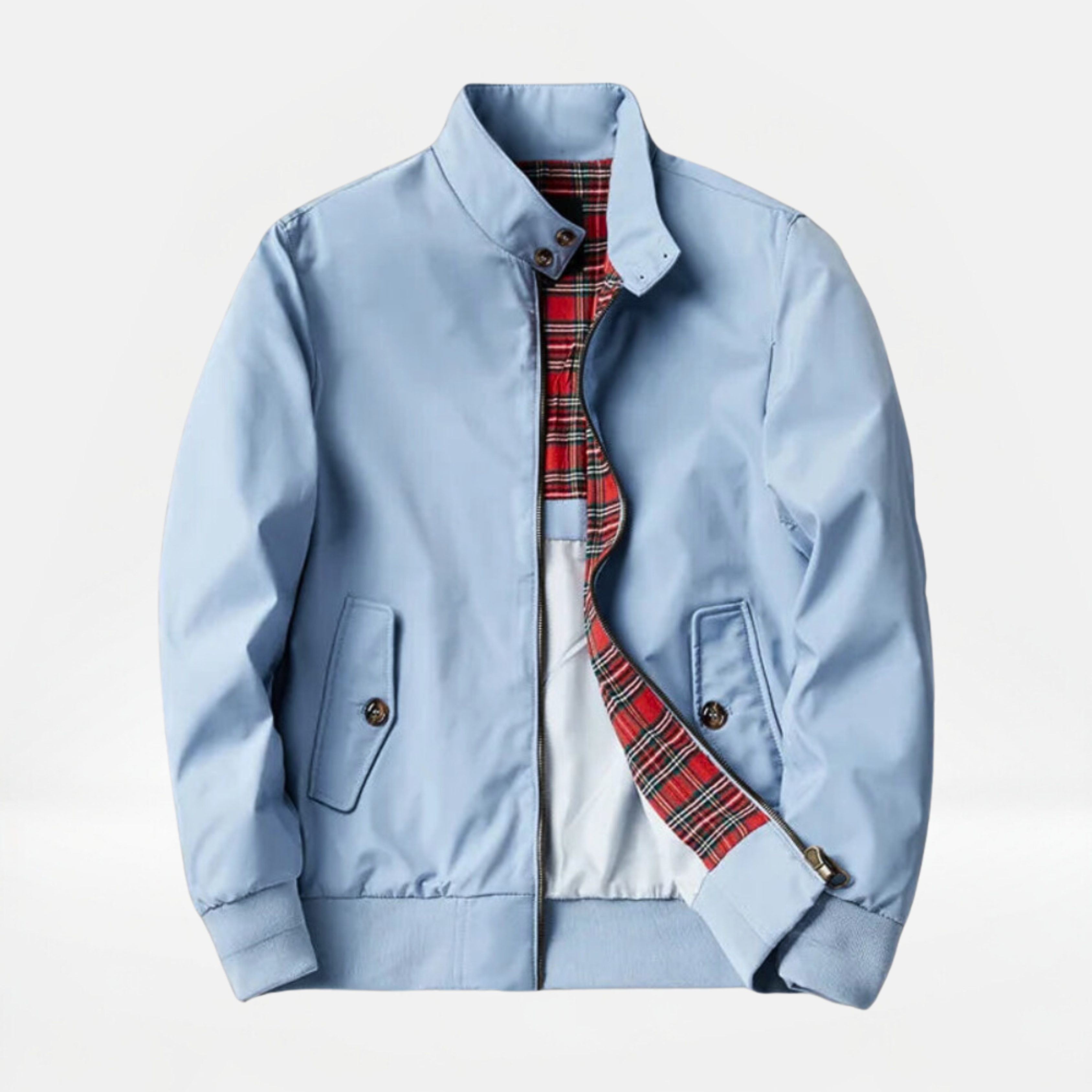 Light blue vintage casual jacket with stand collar, front zipper, and red plaid lining
