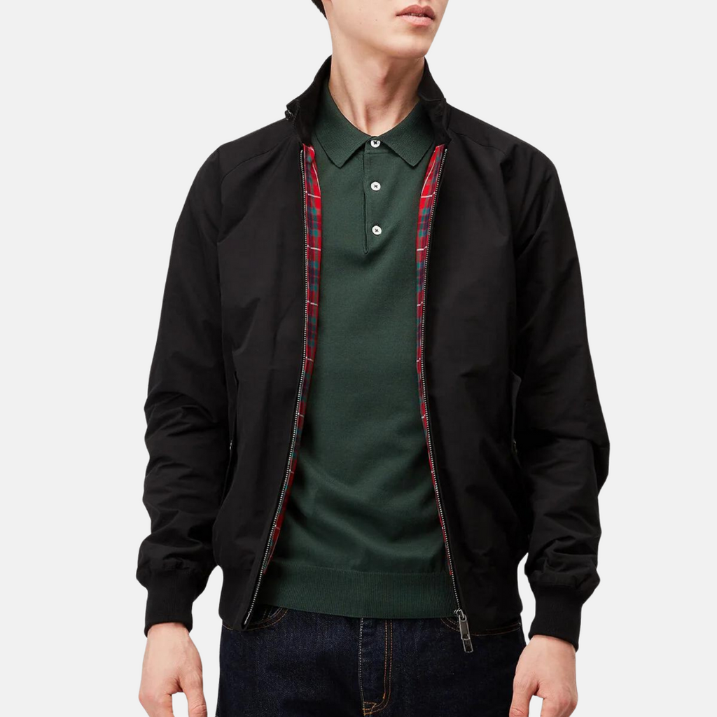 Black vintage casual jacket worn open, showing red plaid inner panel and zipper