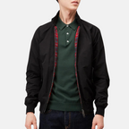 Black vintage casual jacket worn open, showing red plaid inner panel and zipper