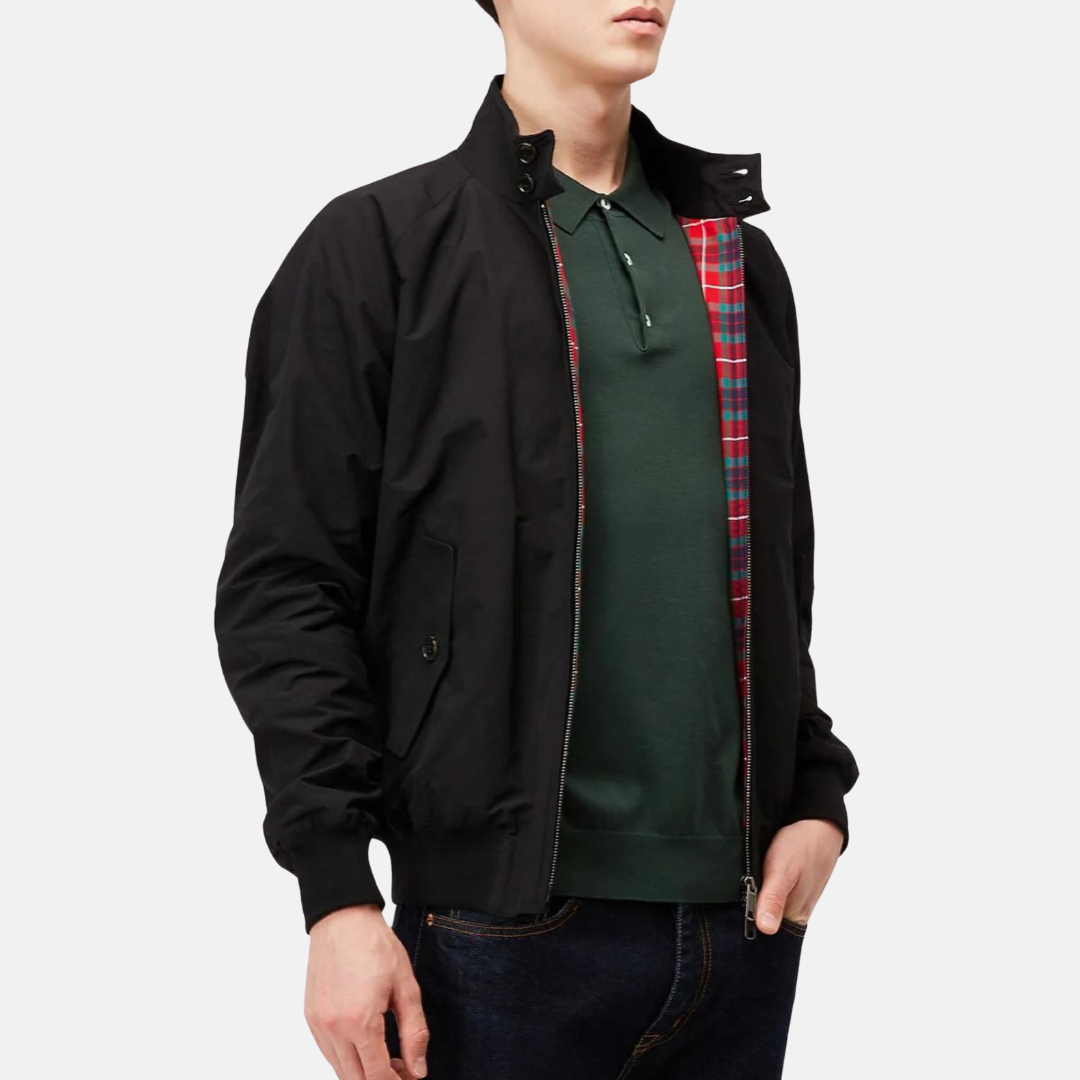 Black vintage casual jacket with snap-button collar, open front, and red plaid lining