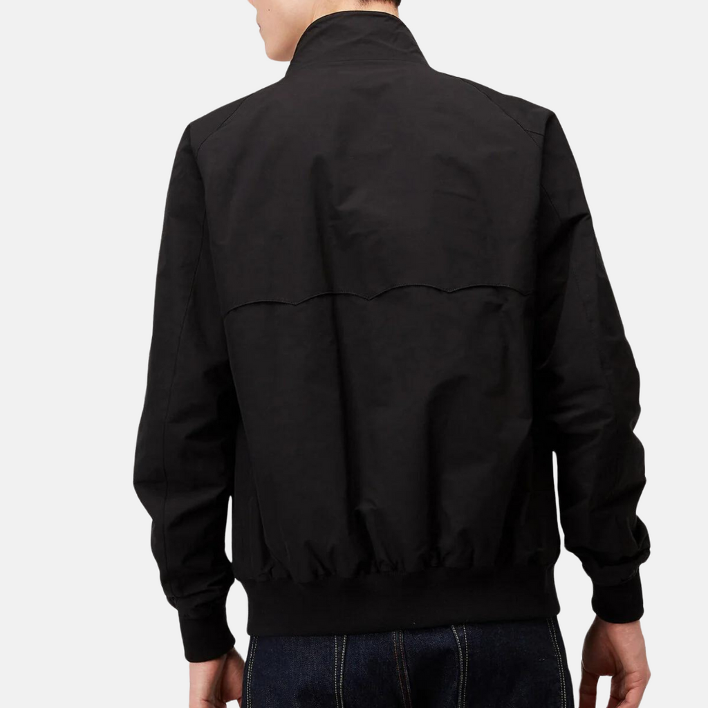 Black vintage casual jacket back view with elastic cuffs and ribbed hem