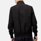 Black vintage casual jacket back view with elastic cuffs and ribbed hem