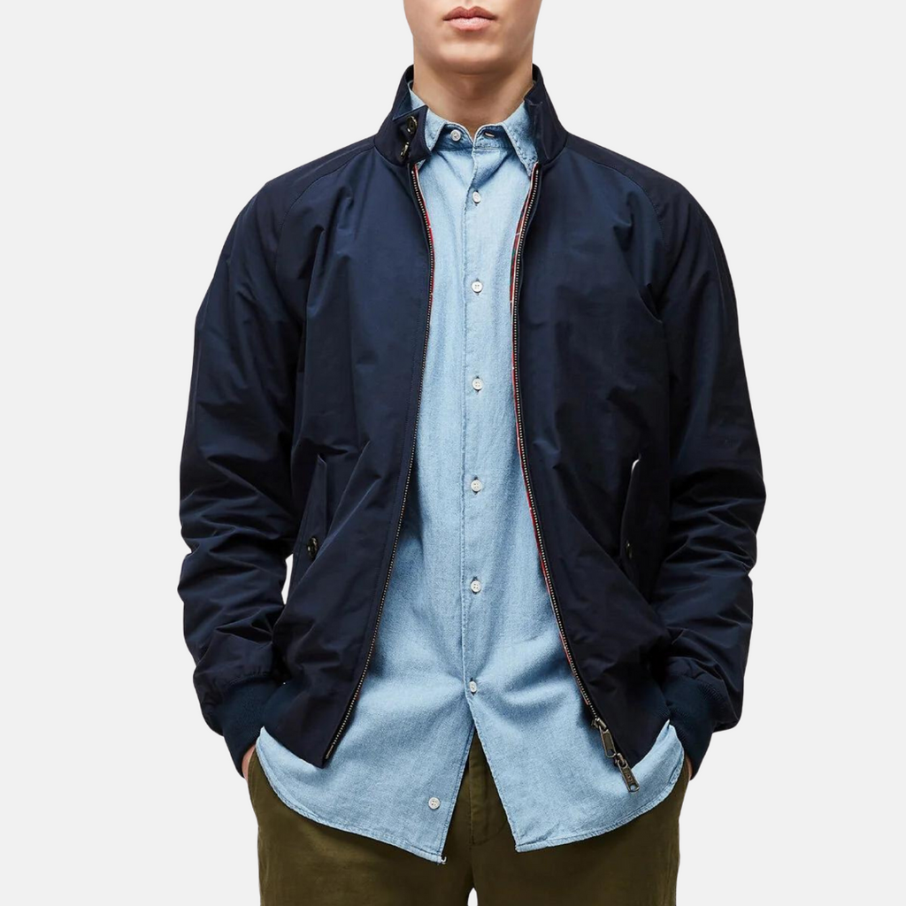 Dark blue vintage casual jacket with stand collar, front zipper, and red plaid lining
