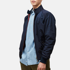 Dark blue vintage casual jacket with zip front and red plaid lining at the opening