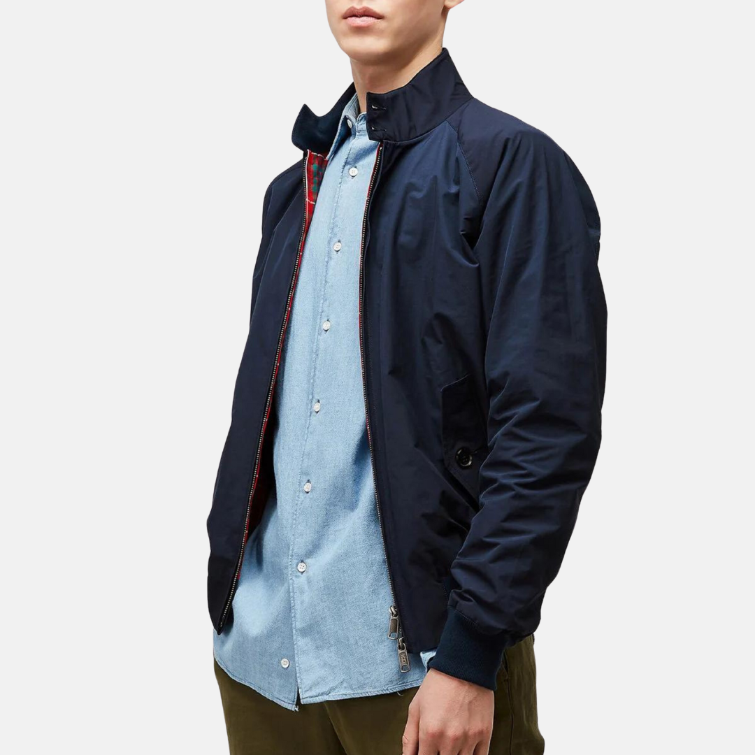 Dark blue vintage casual jacket with zip front and red plaid lining at the opening