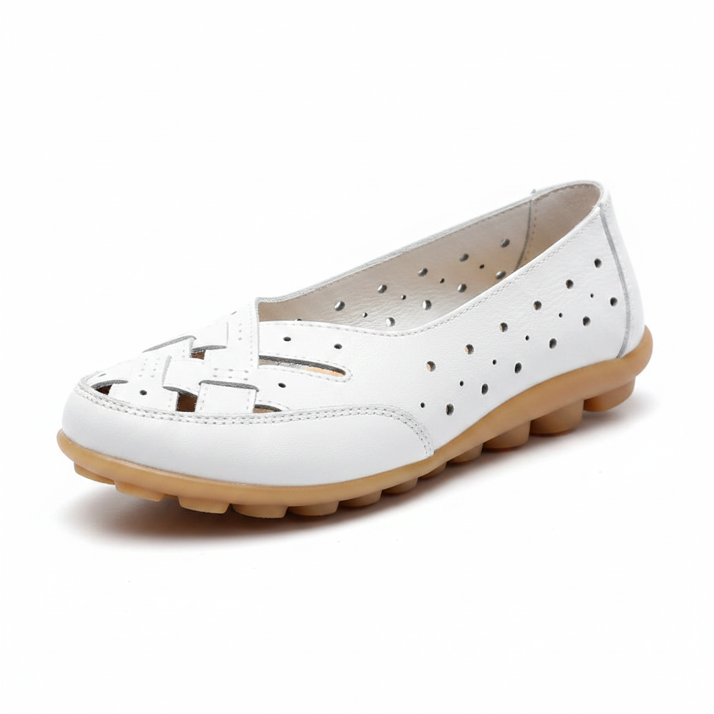 White perforated slip-on leather loafers with cushioned sole