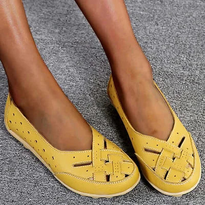 Breathable yellow leather orthopaedic loafers with slip-on design and stitching