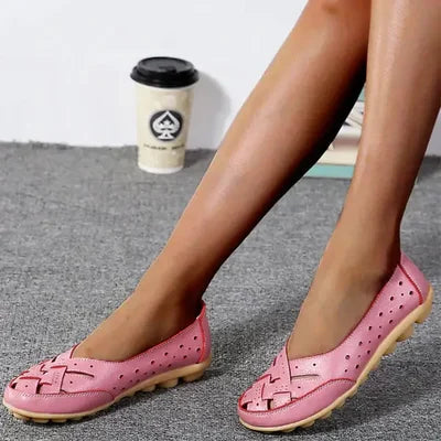 Pink leather orthopaedic loafers with perforated upper and gel-style cushioned sole