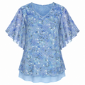 Blue floral double-layer mesh blouse, V-neck and layered ruffle flutter sleeves