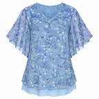 Blue floral double-layer mesh blouse, V-neck and layered ruffle flutter sleeves