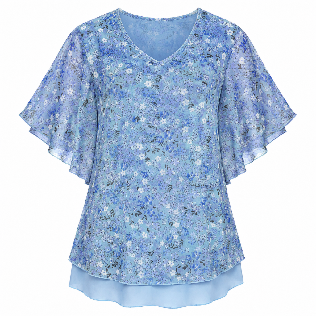 Blue floral double-layer mesh blouse, V-neck and layered ruffle flutter sleeves
