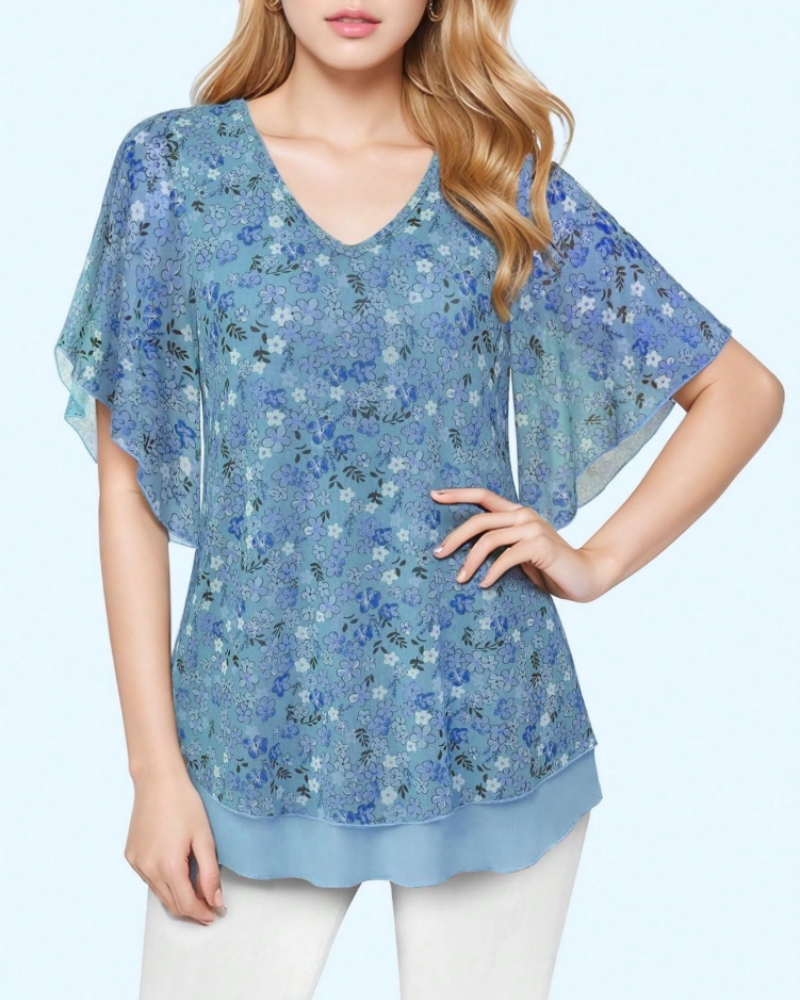 Blue floral knit blouse with V-neck and loose ruffled sleeves with layered hem