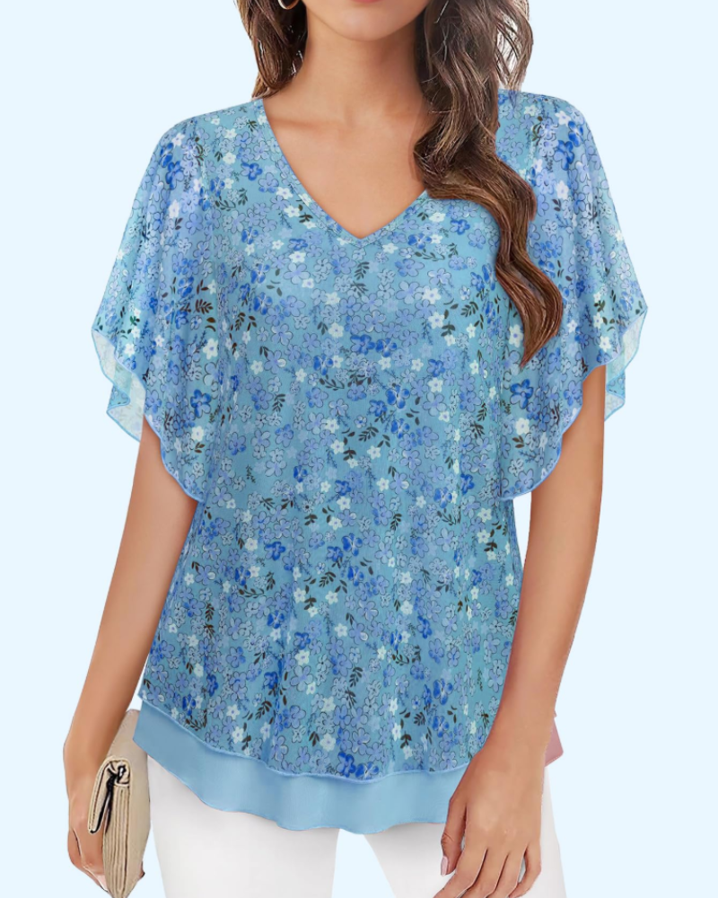 Blue floral V-neck knit blouse with short ruffled sleeves and double-layer hem