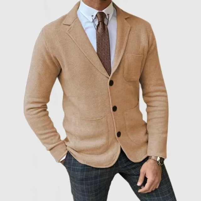 Men's khaki slim casual blazer with front buttons and two chest pockets
