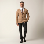 Men's slim-fit lightweight blazer in tan with notch lapels and two-button front pockets