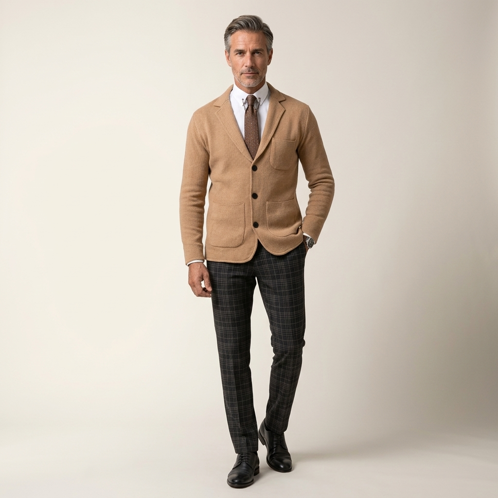 Men's slim-fit lightweight blazer in tan with notch lapels and two-button front pockets
