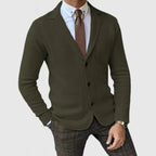 Men's dark green slim casual blazer with front buttons and two chest pockets