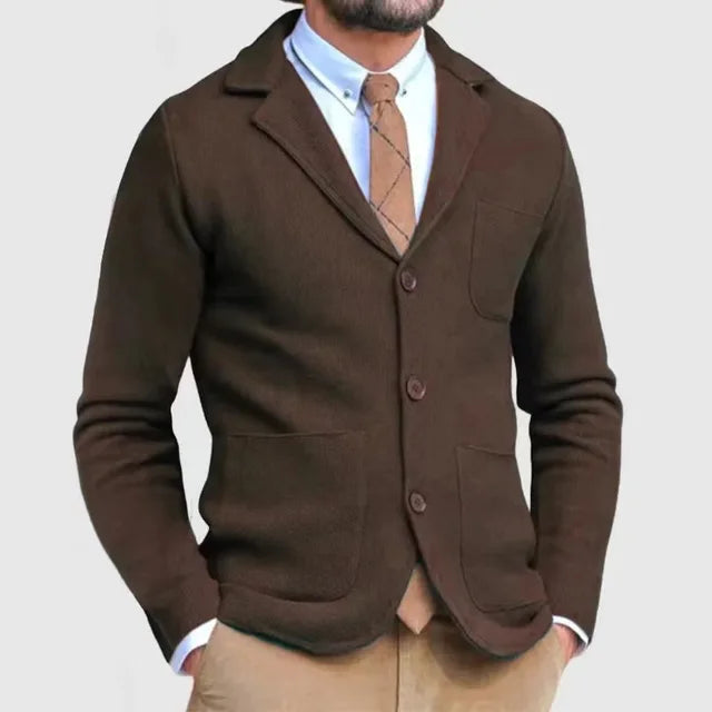 Men's dark brown slim casual blazer with front buttons and chest pocket