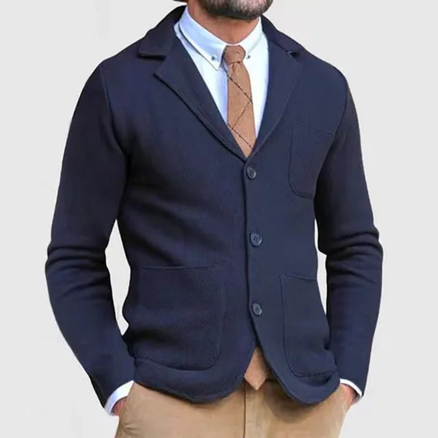 Men's navy slim casual blazer with front buttons and chest pocket