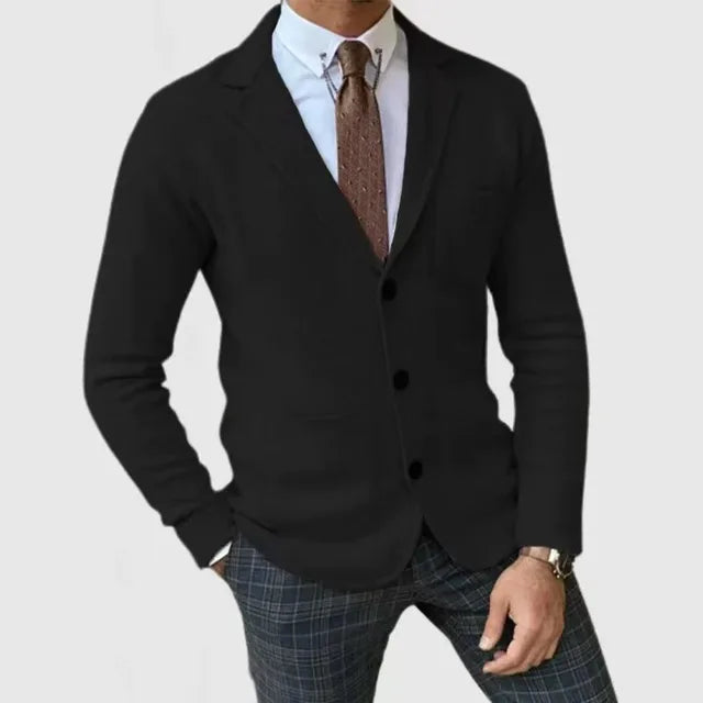 Men's black slim casual blazer with front buttons and chest pocket