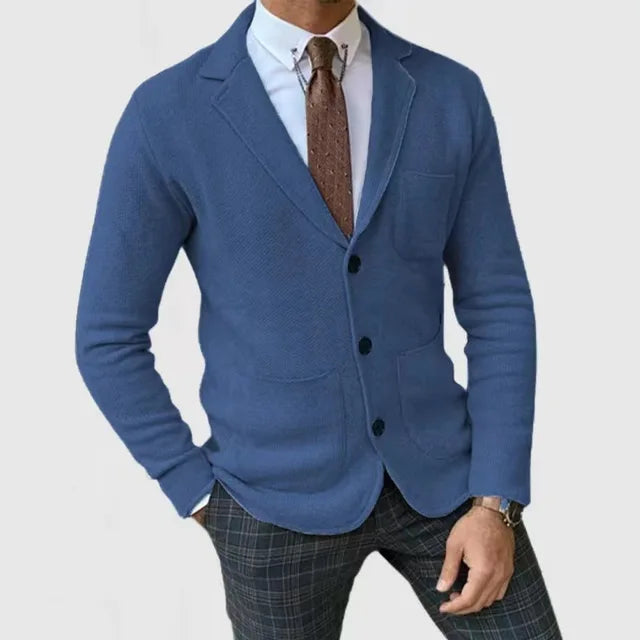 Men's blue slim casual blazer with front buttons and chest pocket