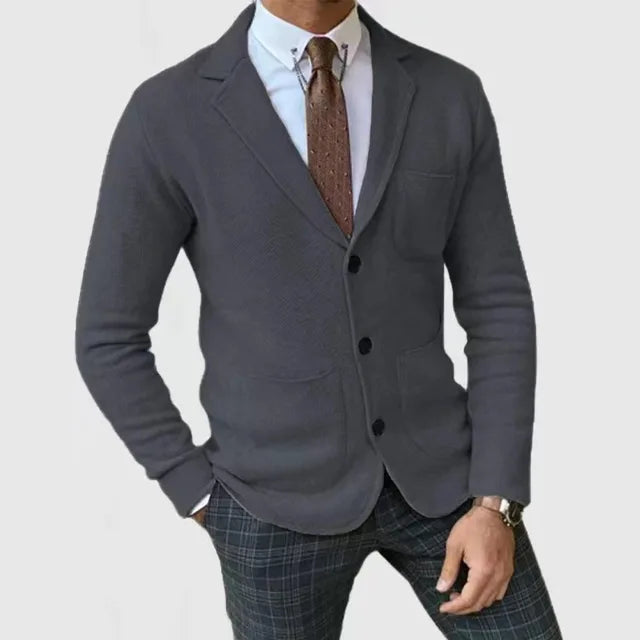 Men's charcoal slim casual blazer with front buttons and chest pocket