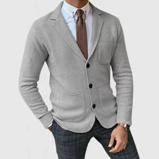 Men's light gray slim casual blazer with front buttons and chest pocket